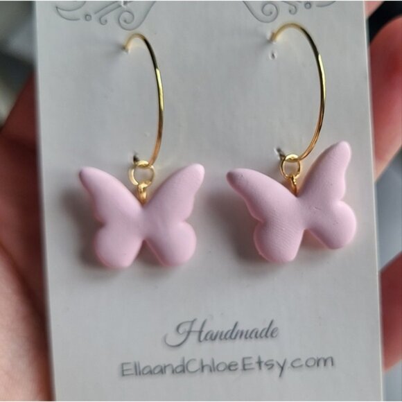 Cute 18K Gold Plated Matte Pink Clay Butterfly Dangle Hoop Earrings Fairycore - Picture 3 of 8